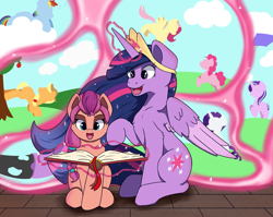 Size: 5811x4618 | Tagged: safe, artist:morrigun, derpibooru exclusive, applejack, fluttershy, pinkie pie, rainbow dash, rarity, starlight glimmer, sunny starscout, twilight sparkle, alicorn, changeling, earth pony, pegasus, pony, unicorn, g5, my little pony: a new generation, the last problem, book, cloud, crown, cute, eyes open, female, flying, glowing, glowing horn, happy birthday mlp:fim, horn, jewelry, kite, magic, mare, memories, mlp fim's eleventh anniversary, older, older twilight, older twilight sparkle (alicorn), open book, open mouth, princess twilight 2.0, regalia, sunny and her heroine, sunnybetes, twiabetes, twilight sparkle (alicorn), wings
