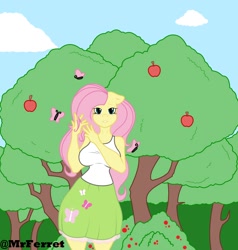 Size: 1900x2000 | Tagged: safe, artist:mr.ferret, fluttershy, butterfly, anthro, g4, apple, apple tree, big breasts, breasts, busty fluttershy, clothes, equestria girls outfit, floppy ears, food, forest, long hair, looking at you, sexy, solo, tree