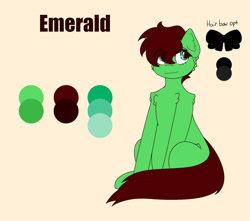 Size: 1024x907 | Tagged: safe, artist:lucky-em, oc, oc only, oc:emerald, earth pony, pony, bow, earth pony oc, female, mare, reference sheet, simple background, sitting, smiling, story included, yellow background