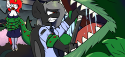 Size: 1308x600 | Tagged: safe, artist:tranzmuteproductions, oc, oc only, bat pony, pony, unicorn, audrey 2, bat pony oc, bat wings, carnivorous plant, clothes, crowbar, drool, female, gritted teeth, horn, little shop of horrors, male, necktie, open mouth, plant, sharp teeth, teeth, tentacles, unicorn oc, wings