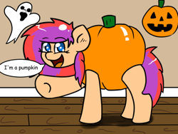 Size: 800x600 | Tagged: safe, artist:tranzmuteproductions, oc, oc only, earth pony, ghost, pony, undead, :d, earth pony oc, eyelashes, female, halloween, holiday, indoors, jack-o-lantern, mare, open mouth, open smile, pumpkin, smiling, solo, talking, underhoof, waving