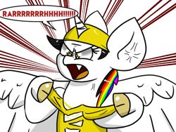 Size: 800x600 | Tagged: safe, artist:tranzmuteproductions, oc, oc only, oc:lightning bliss, alicorn, pony, alicorn oc, angry, clothes, cloven hooves, fangs, hat, horn, hulk hogan, multicolored hair, open mouth, rainbow hair, rawr, wings