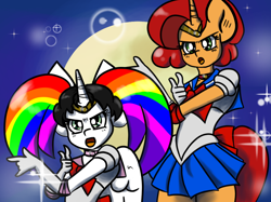 Size: 1026x768 | Tagged: safe, artist:tranzmuteproductions, oc, oc only, oc:keyframe, oc:lightning bliss, alicorn, unicorn, anthro, alicorn oc, clothes, cosplay, costume, crossover, duo, evening gloves, female, full moon, gloves, horn, long gloves, moon, open mouth, sailor moon (series), skirt, unicorn oc, wings