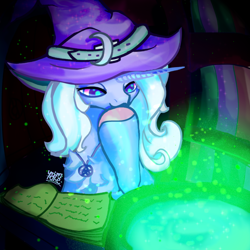 Size: 3000x3000 | Tagged: safe, artist:umbrapone, trixie, pony, unicorn, g4, book, bookshelf, buckle, cauldron, chest fluff, crescent moon, giggling, hat, high res, hoof on chin, jewelry, magic, moon, necklace, particles, pentagram, pink hoof, purple eyes, solo, sparkles, table, witch, witch hat, witchcraft