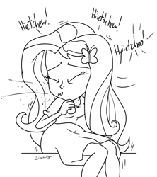 Size: 1024x1151 | Tagged: safe, artist:silverwing, fluttershy, human, equestria girls, g4, blouse, clothes, cute, dress, female, lineart, shirt, sitting, sketch, sneeze cloud, sneezing, sneezing fit, solo, spray, turning away