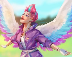Size: 2500x2000 | Tagged: safe, artist:helenmonster2, zipp storm, human, g5, my little pony: a new generation, high res, humanized, open mouth, solo, winged humanization, wings