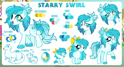 Size: 1200x655 | Tagged: safe, artist:jennieoo, oc, oc only, oc:starry swirl, earth pony, pony, weasel, baby, baby pony, confused, female, filly, foal, happy, pacifier, pet, ponytail, reference, reference sheet, ribbon, show accurate, shy, simple background, smiling, solo, teenager