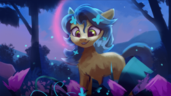 Size: 1920x1080 | Tagged: safe, artist:hierozaki, oc, oc only, oc:misty breeze, earth pony, pony, blue mane, blue tail, bush, flower, flower in hair, green eyes, looking at something, night, open mouth, solo, tail, teeth, tree, yellow coat