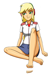 Size: 2488x3600 | Tagged: safe, artist:artemis-polara, applejack, equestria girls, g4, barefoot, clothes, commission, feet, foot tapping, headphones, high res, music notes, shirt, simple background, sitting, skirt, tapping, transparent background
