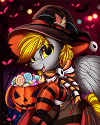 Size: 2550x3209 | Tagged: safe, artist:pridark, part of a set, oc, oc only, pegasus, pony, bucket, candy, clothes, commission, costume, eye clipping through hair, eyebrows, eyebrows visible through hair, female, food, halloween, hat, high res, holiday, jack-o-lantern, looking at you, mare, open mouth, open smile, part of a series, pegasus oc, pumpkin, pumpkin bucket, smiling, smiling at you, socks, solo, striped socks, witch hat, ych result
