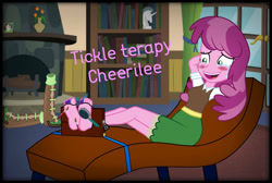 Size: 1024x690 | Tagged: safe, artist:osiel-alex, cheerilee, equestria girls, g4, arm behind head, barefoot, blushing, bondage, bookshelf, boots, brush, crying, fainting couch, feet, female, fetish, fireplace, foot fetish, hairbrush, laughing, lock, missing shoes, misspelling, open mouth, padlock, shoes, soles, solo, stocks, tears of laughter, tickling, tied up, toe tied, toes
