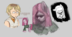 Size: 3764x1972 | Tagged: safe, artist:another_pony, pinkie pie, earth pony, human, pony, anthro, g4, clothes, female, floating heart, freckles, heart, heather mason, looking at you, mare, open mouth, open smile, pinkamena diane pie, silent hill, smiling