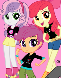 Size: 434x554 | Tagged: safe, artist:flutteryaylove, apple bloom, scootaloo, sweetie belle, equestria girls, g4, adorabloom, cute, cutealoo, cutie mark crusaders, diasweetes, female, pink background, simple background, tiktok, trio, trio female