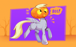Size: 1860x1136 | Tagged: safe, artist:another_pony, derpy hooves, pegasus, pony, g4, boo, dead tree, dialogue, female, halloween, holiday, jack-o-lantern, mare, nightmare night, pumpkin, pumpkin head, solo, speech bubble, tree, wings