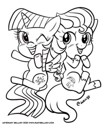 Size: 590x700 | Tagged: safe, artist:marybellamy, sunny starscout, twilight sparkle, alicorn, earth pony, pony, g5, my little pony: a new generation, backwards cutie mark, chibi, cute, duo, duo female, female, lineart, looking at you, mare, monochrome, one eye closed, simple background, smiling, sunny and her heroine, sunnybetes, twiabetes, twilight sparkle (alicorn), unshorn fetlocks, wink