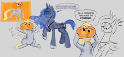 Size: 3065x1416 | Tagged: safe, artist:another_pony, derpy hooves, princess luna, alicorn, pegasus, pony, g4, boo, chest fluff, cute, derpabetes, dialogue, duo, eyes closed, female, flailing, folded wings, halloween, headless, holiday, jack-o-lantern, jewelry, mare, nightmare night, open mouth, open smile, pumpkin, pumpkin head, raised hoof, regalia, sitting, smiling, speech bubble, surprised, waving arms, wings