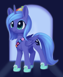 Size: 1070x1316 | Tagged: safe, artist:dusthiel, lyra heartstrings, princess luna, oc, oc:big brian, alicorn, pony, bronycon, equestria daily, g4, clothes, cute, female, folded wings, hat, horn, leg fluff, lunabetes, mare, meme, pins, ponytober, propeller hat, s1 luna, slender, slippers, solo, thanks m.a. larson, themed slippers, thin, wings