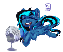 Size: 3500x2912 | Tagged: safe, artist:miha, oc, oc only, oc:moonshine, pegasus, pony, commission, drool, fan, food, high res, ice cream, simple background, solo, sweat, sweatdrop, white background