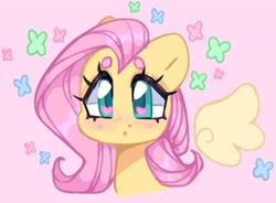 Size: 3831x2825 | Tagged: safe, artist:bunxl, fluttershy, butterfly, pegasus, pony, g4, blushing, cute, female, floating wings, heart, heart eyes, high res, mare, pink background, shyabetes, simple background, solo, spread wings, wingding eyes, wings