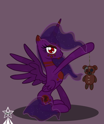 Size: 4245x5021 | Tagged: safe, artist:devorierdeos, oc, alicorn, pony, fallout equestria, alicorn oc, hanged, horn, plushie, red eye, red eyes, simple background, sitting, solo, spread wings, tattoo, teddy bear, voodoo doll, wings