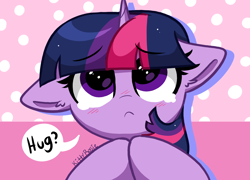 Size: 6800x4900 | Tagged: safe, artist:kittyrosie, twilight sparkle, pony, unicorn, g4, abstract background, absurd resolution, blushing, bronybait, bust, crying, crylight sparkle, cute, dialogue, drop shadow, eyebrows, eyebrows visible through hair, female, floppy ears, frown, hooves together, hug request, mare, sad, sadorable, solo, speech bubble, talking to viewer, teary eyes, twiabetes, twilight cat, unicorn twilight, weapons-grade cute
