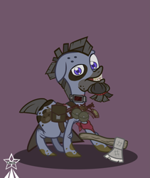 Size: 4245x5021 | Tagged: safe, artist:devorierdeos, oc, oc only, earth pony, pony, fallout equestria, axe, bad teeth, bags, beard, blue eyes, bomb collar, collar, dirty, dirty hooves, earth pony oc, facial hair, pipe pistol, raider, simple background, soiled hooves, solo, weapon