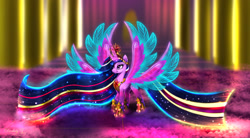 Size: 2500x1375 | Tagged: safe, artist:darksly, twilight sparkle, alicorn, pony, seraph, seraphicorn, g4, the last problem, artificial horn, artificial wings, augmented, big crown thingy, commission, crown, element of magic, ethereal mane, female, four wings, hoof shoes, horn, impossibly long mane, impossibly long tail, jewelry, long mane, magic, magic horn, magic wings, mare, multiple horns, multiple wings, older, older twilight, older twilight sparkle (alicorn), peytral, princess twilight 2.0, rainbow power, raised hoof, regalia, slender, solo, spread wings, starry mane, tail, thin, twilight sparkle (alicorn), ultimate twilight, wings