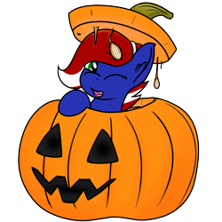 Size: 1000x1000 | Tagged: safe, artist:skydreams, oc, oc only, oc:skittlebug, pegasus, pony, commission, female, halloween, holiday, jack-o-lantern, looking at you, mare, one eye closed, pumpkin, simple background, smol, solo, transparent background, wink, winking at you