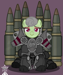 Size: 4245x5021 | Tagged: safe, artist:devorierdeos, oc, oc only, earth pony, pony, fallout equestria, armor, earth pony oc, fantasy class, grey hair, knight, paladin, power armor, red eyes, ship shells, simple background, sitting, solo, steel ranger, warrior