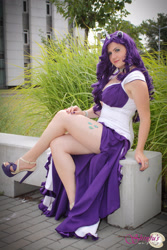 Size: 1667x2500 | Tagged: safe, artist:shinjusworkshop, rarity, human, g4, clothes, cosplay, costume, high heels, irl, irl human, photo, shoes, sitting, summer mondocon