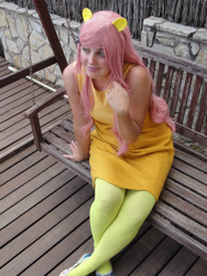 Size: 2121x2828 | Tagged: safe, artist:mikanchan, fluttershy, human, g4, bench, clothes, cosplay, costume, high res, irl, irl human, photo, sitting