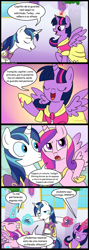 Size: 713x2000 | Tagged: safe, artist:madmax, editor:enrique zx, princess cadance, shining armor, twilight sparkle, alicorn, pony, unicorn, g4, brother, brother and sister, clothes, comic, commission, commissioner:tan575, coronation dress, dialogue, dress, female, horn, husband and wife, male, mare, shining armor gets all the mares, ship:shiningcadance, shipping, siblings, sisters-in-law, spanish, spanish description, speech bubble, straight, translation, translator:enrique zx, twilight sparkle (alicorn), wings