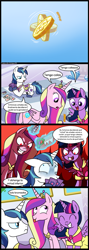 Size: 713x2000 | Tagged: safe, artist:madmax, editor:enrique zx, princess cadance, shining armor, twilight sparkle, alicorn, pony, unicorn, g4, bits, brother and sister, card, clothes, comic, commission, commissioner:tan575, coronation dress, crosscut saw, dialogue, dress, evil smile, eyes closed, female, frown, funny, grin, heads or tails, horn, husband and wife, levitation, lying down, magic, male, mare, open mouth, prone, saw, shining armor is not amused, ship:shiningcadance, shipping, siblings, sisters-in-law, smiling, spanish, speech bubble, spread wings, stallion, straight, telekinesis, tongue out, translation, translator:enrique zx, twilight sparkle (alicorn), unamused, wide eyes, wings
