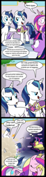 Size: 577x2193 | Tagged: safe, artist:madmax, edit, editor:enrique zx, princess cadance, shining armor, twilight sparkle, alicorn, pony, unicorn, g4, ball of violence, brother and sister, clone, clothes, comic, commission, commissioner:tan575, coronation dress, dialogue, dress, facehoof, female, horn, male, mare, shining armor is a goddamn moron, ship:shiningcadance, shipping, siblings, sisters-in-law, spanish, speech bubble, straight, stupidity, thought bubble, tooth, translation, translator:enrique zx, twilight sparkle (alicorn), what were you thinking, wings
