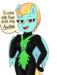 Size: 1536x2048 | Tagged: safe, artist:cjv2004, lightning dust, pegasus, anthro, g4, the washouts (episode), bodysuit, clothes, costume, solo, spanish, the washouts, translated in the comments, uniform, washouts uniform