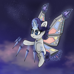 Size: 2160x2160 | Tagged: safe, artist:limitmj, rarity, pony, unicorn, g4, artificial wings, augmented, flying, glowing, glowing horn, high res, horn, solo, wings