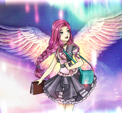 Size: 2299x2134 | Tagged: safe, artist:mira.veike, sunny starscout, human, g5, my little pony: a new generation, spoiler:my little pony: a new generation, artificial wings, augmented, high res, humanized, magic, magic wings, open mouth, scene interpretation, winged humanization, wings
