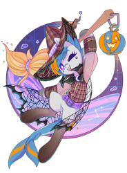 Size: 2448x3320 | Tagged: safe, artist:wavecipher, oc, oc only, oc:gulfstream, original species, shark, shark pony, bat wings, broom, flannel, flying, flying broomstick, halloween, hat, high res, holiday, jack-o-lantern, pumpkin, simple background, smiling, solo, transparent background, white pupils, wings, witch hat