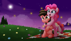 Size: 800x460 | Tagged: safe, artist:jhayarr23, pinkie pie, oc, oc:ace play, pony, g4, bipedal, canon x oc, commission, female, flower, male, moon, night, picnic blanket, pinkieplay, shipping, shooting star, stargazing, stars, straight
