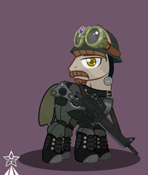 Size: 4245x5021 | Tagged: safe, artist:devorierdeos, oc, oc only, earth pony, pony, fallout equestria, ar-15, armor, assault rifle, beard, boots, clothes, earth pony oc, facial hair, gun, helmet, m16, male, military, military pony, military uniform, moustache, rifle, shoes, simple background, soldier, solo, stallion, steel ranger, steel ranger knight, tactical, tactical glasses, uniform, weapon, yellow eyes