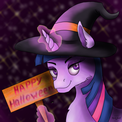 Size: 2755x2755 | Tagged: safe, artist:palettenight, twilight sparkle, alicorn, pony, g4, clothes, costume, halloween, halloween costume, happy halloween, hat, high res, holiday, looking at you, magic, sign, solo, twilight sparkle (alicorn), witch hat