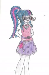 Size: 1956x2984 | Tagged: safe, artist:thevisitormlp, sci-twi, twilight sparkle, equestria girls, g4, arm behind back, clothes, cutie mark, cutie mark on clothes, female, glasses, sci-twi outfits, skirt, smiling, solo, traditional art