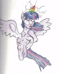 Size: 2116x2584 | Tagged: safe, artist:thevisitormlp, twilight sparkle, alicorn, pony, g4, female, flying, glowing, glowing horn, high res, horn, mare, rearing, signature, traditional art, twilight sparkle (alicorn), white eyes