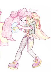 Size: 2100x2968 | Tagged: safe, artist:thevisitormlp, pinkie pie, sunset shimmer, equestria girls, g4, clothes, duo, eyes closed, female, high res, hug, pants, shoes, smiling, traditional art
