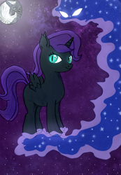 Size: 1399x2023 | Tagged: safe, artist:thevisitormlp, tantabus, oc, oc:nyx, alicorn, pony, fanfic:past sins, g4, alicorn oc, ethereal mane, female, filly, full moon, horn, moon, starry mane, traditional art, wings
