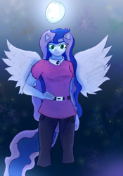 Size: 1533x2188 | Tagged: safe, artist:thevisitormlp, princess luna, vice principal luna, equestria girls, g4, ethereal mane, female, full moon, moon, night, ponied up, smiling, solo, starry mane, stars, wings