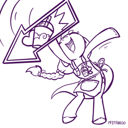 Size: 2048x2048 | Tagged: safe, artist:pfeffaroo, sunny starscout, earth pony, pony, g5, my little pony: a new generation, advertising, apron, arrow, bipedal, braid, clothes, high res, monochrome, nose in the air, sign, simple background, smoothie, solo, waving, white background