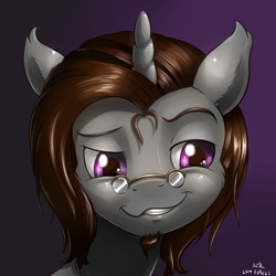 Size: 1692x1692 | Tagged: safe, artist:renatethepony, oc, oc only, oc:raven quill, pony, unicorn, bust, dreamworks face, glasses, horn, smiling, smirk, solo, unicorn oc