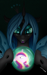 Size: 2000x3200 | Tagged: safe, artist:renatethepony, princess cadance, queen chrysalis, alicorn, changeling, changeling queen, pony, g4, crystal ball, duo, female, high res, mare, smiling