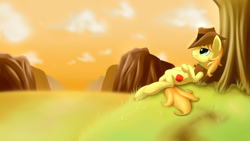 Size: 3840x2160 | Tagged: safe, artist:renatethepony, braeburn, earth pony, pony, g4, clothes, cloud, hat, high res, hooves, lying down, male, outdoors, smiling, solo, stallion, vest